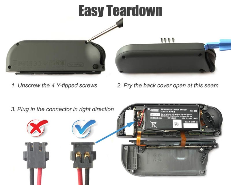 ElecGear 2 x Replacement Battery for Joy-Con Switch Controller, HAC-006 Internal Rechargeable Li-ion Battery for Nintendo Joycon Controller Left and Right with Repair Tool Kit - Image 2