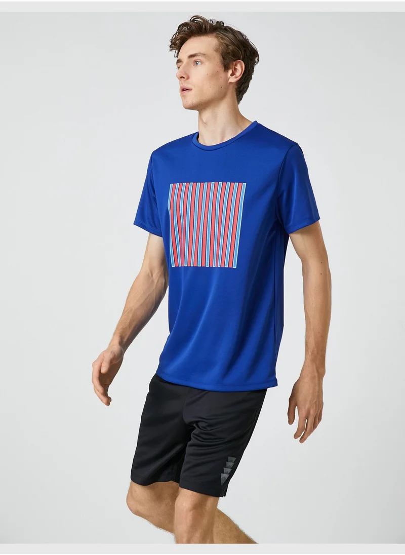 KOTON Basic Sport T-Shirt Strip Printed Crew Neck