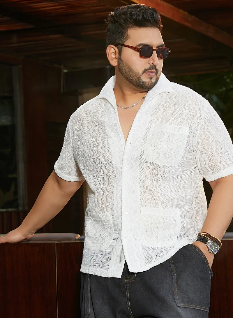 Instafab Plus Instafab Plus Men's Daisy White Swirl Open-Knit Shirt For Casual Wear | Spread Collar | Short Regular Sleeves | Button Closure | Plus Size Shirt Crafted With Comfort Fit For Everyday Wear