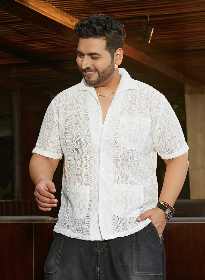 Instafab Plus Instafab Plus Men's Daisy White Swirl Open-Knit Shirt For Casual Wear | Spread Collar | Short Regular Sleeves | Button Closure | Plus Size Shirt Crafted With Comfort Fit For Everyday Wear