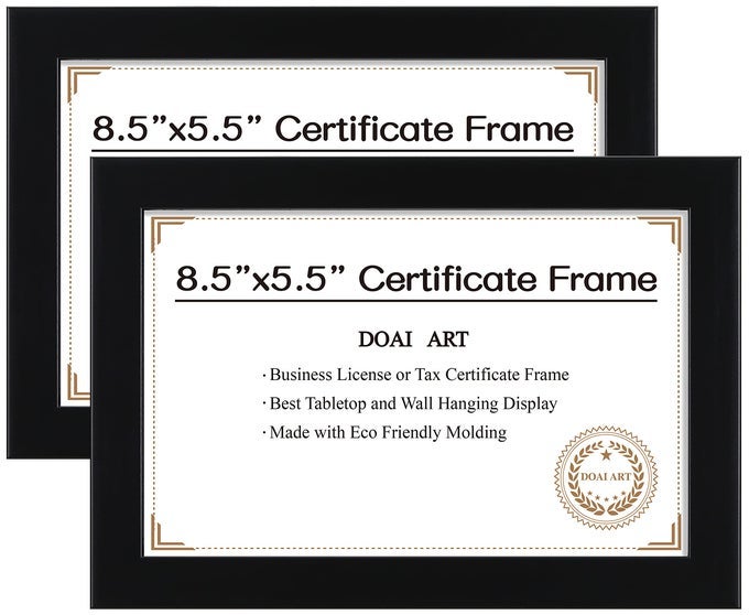 85 X 55 BUSINESS LICENSE FRAME SET OF 2 BLACK PROFESSIONALS 55 X 85 CERTIFICATE FRAMES FIT DIPLOMA DOCUMENT AND TAX CERTIFICATE SELF STANDING WITH WALL HANGERS