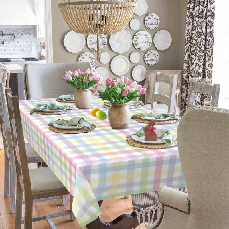 SuQKXCo Easter Tablecloth 60 Inch X 84 Inch Rectangle Colorful Checkered Rainbow Plaid Table Cloths Spring Summer Watercolor Buffalo Check Plaid Spill Proof Table Covers for Kitchen Party Dinner Decoration - Image 2