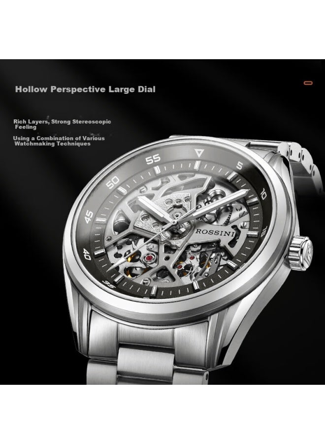 Rossini Men's Watch, Birthday Gift For Boyfriend, Chinese Brand Skeleton Watch, Black Dial Steel Strap 5230193 - Image 1