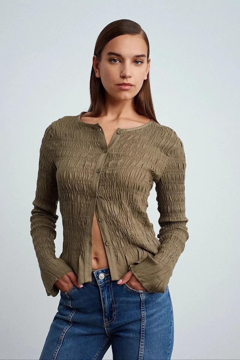 Dilvin Khaki Green DILVIN Textured Knit Button-Front Blouse for Women | Best Price UAE