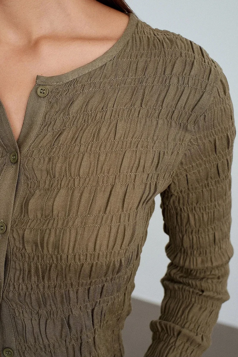 Dilvin Khaki Green DILVIN Textured Knit Button-Front Blouse for Women | Best Price UAE