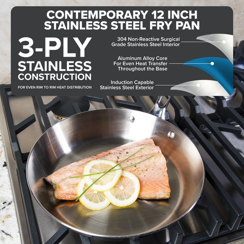 Viking Contemporary 3-Ply Non Stick Frying Pan, 12 Inch Stainless Steel Kitchen Cookware, Silver - Image 2