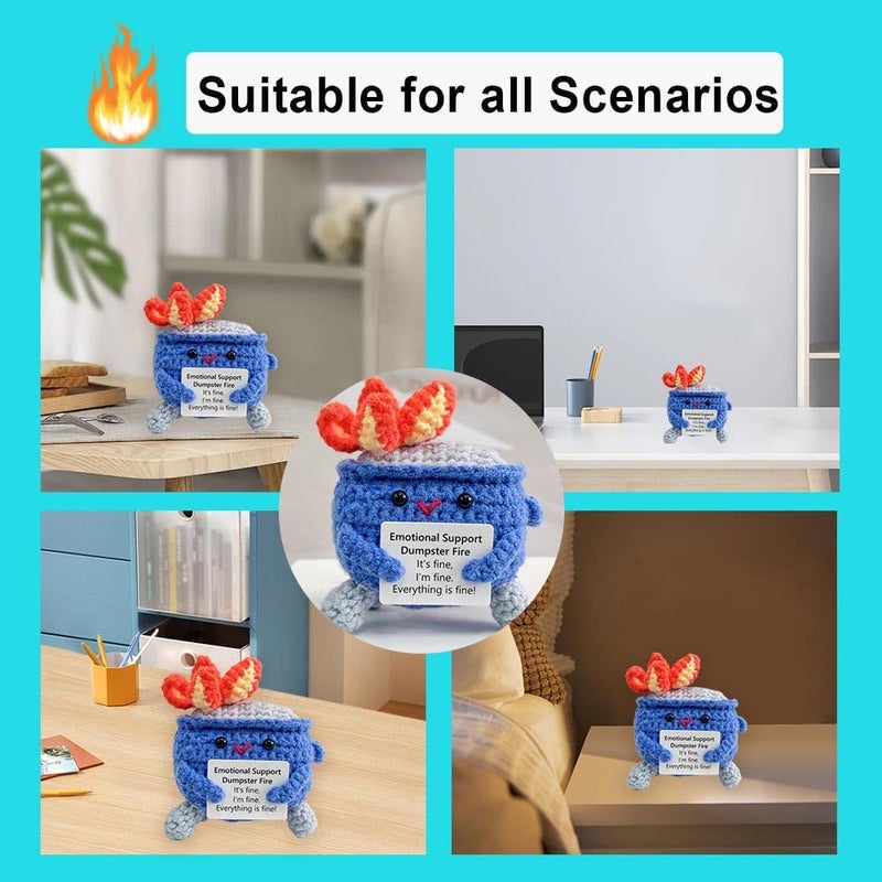 Rovyfota Emotional Support Crochet Dumpster Fire With Positive Card Cute Room Decor Knitted Toys Funny Crochet Support Buddies Gifts For Friends (Dark Blue) - Image 4