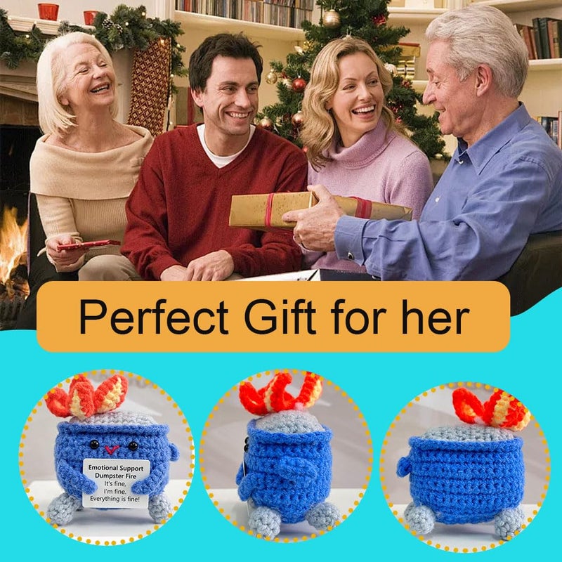 Rovyfota Emotional Support Crochet Dumpster Fire With Positive Card Cute Room Decor Knitted Toys Funny Crochet Support Buddies Gifts For Friends (Dark Blue) - Image 5