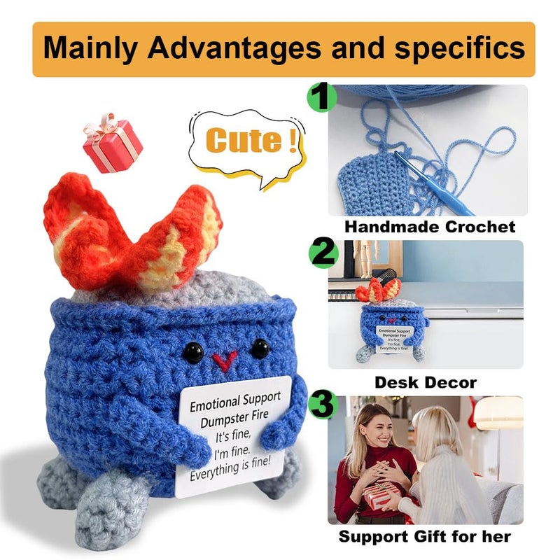 Rovyfota Emotional Support Crochet Dumpster Fire With Positive Card Cute Room Decor Knitted Toys Funny Crochet Support Buddies Gifts For Friends (Dark Blue) - Image 3
