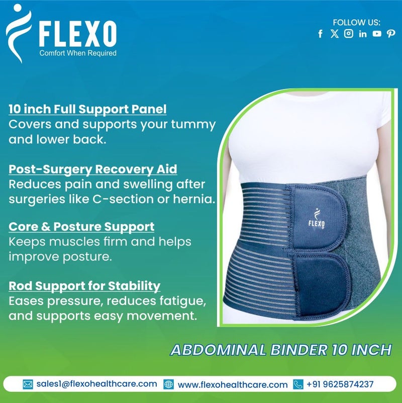 Flexo Abdominal Binder 10 Inch | Wide Abdominal & Lower Back Support Belt for Post-Surgical Recovery, Hernia Treatment & Bariatric Care | Adjustable Core Stabilizer(Grey, M) - Image 2