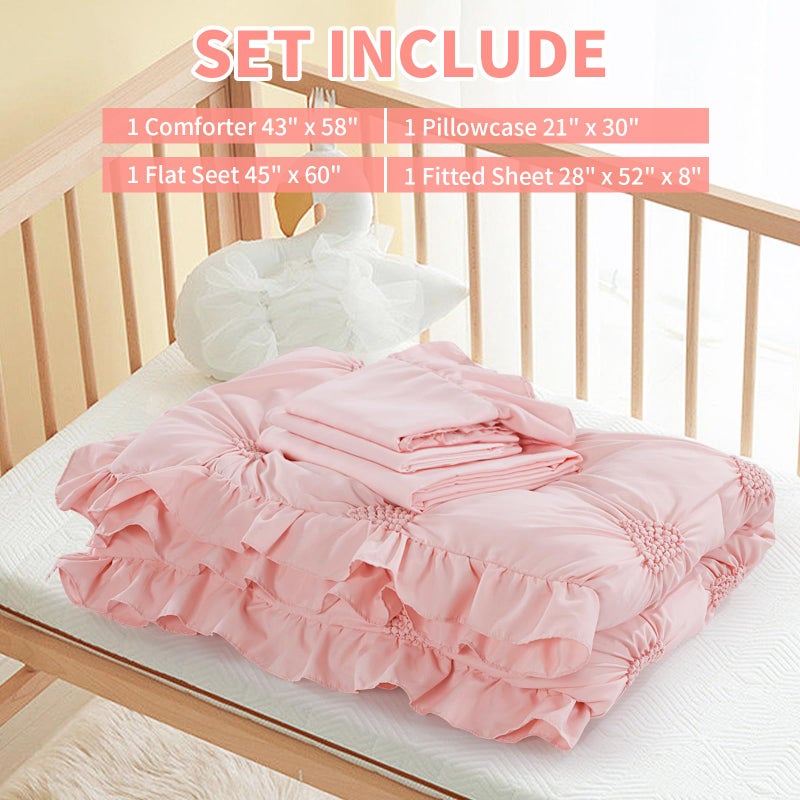 HOMBYS 4 Pieces Pink Princess Toddler Bedding Set for Girls Kids, Ultra Soft Blush Pinch Pleat Comforter Set with Ruffles for All Season - Image 4