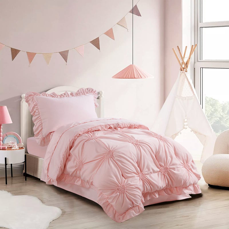HOMBYS 4 Pieces Pink Princess Toddler Bedding Set for Girls Kids, Ultra Soft Blush Pinch Pleat Comforter Set with Ruffles for All Season - Image 2