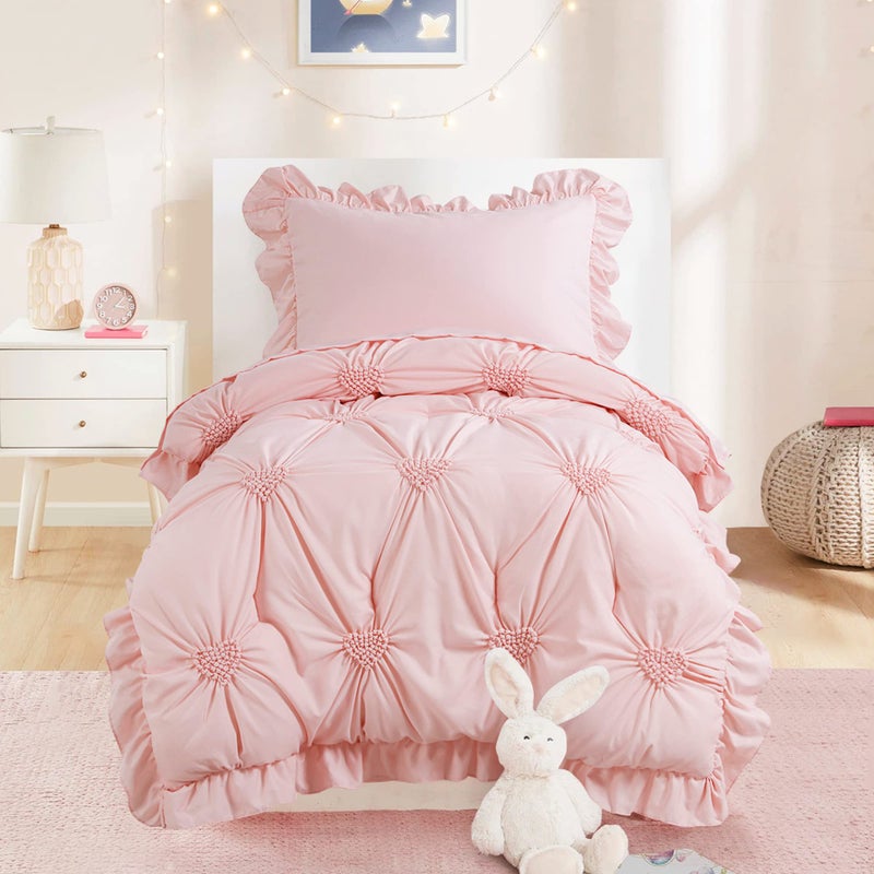 HOMBYS 4 Pieces Pink Princess Toddler Bedding Set for Girls Kids, Ultra Soft Blush Pinch Pleat Comforter Set with Ruffles for All Season - Image 1