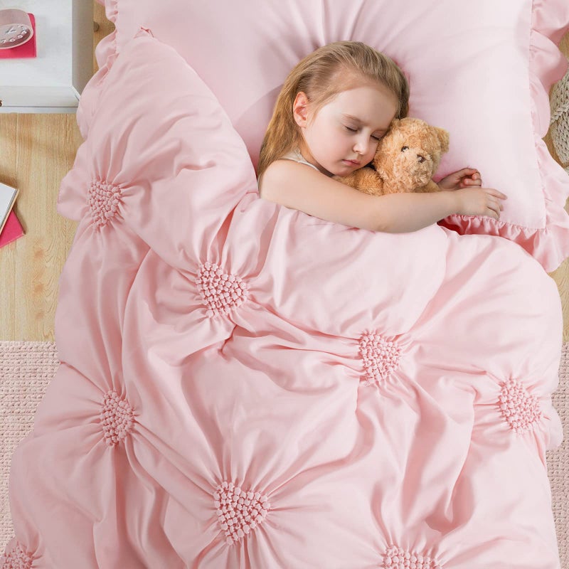 HOMBYS 4 Pieces Pink Princess Toddler Bedding Set for Girls Kids, Ultra Soft Blush Pinch Pleat Comforter Set with Ruffles for All Season - Image 3