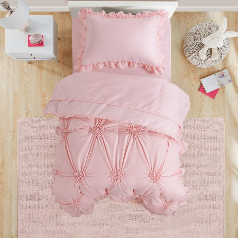 HOMBYS 4 Pieces Pink Princess Toddler Bedding Set for Girls Kids, Ultra Soft Blush Pinch Pleat Comforter Set with Ruffles for All Season - Image 5