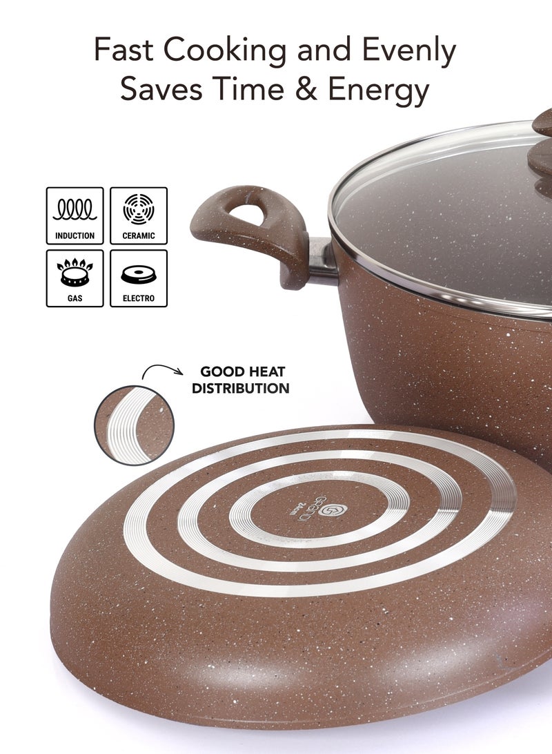 Grandi Titanium 6-Piece Set  Casserole 26 Frypan 24 - 28- Saucepan with Lid 20 Glass Lids Granite Brown - Image 5