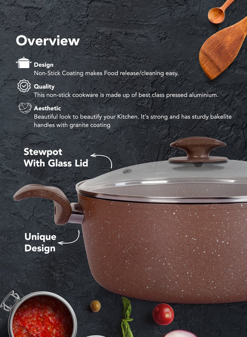 Grandi Titanium 6-Piece Set  Casserole 26 Frypan 24 - 28- Saucepan with Lid 20 Glass Lids Granite Brown - Image 4
