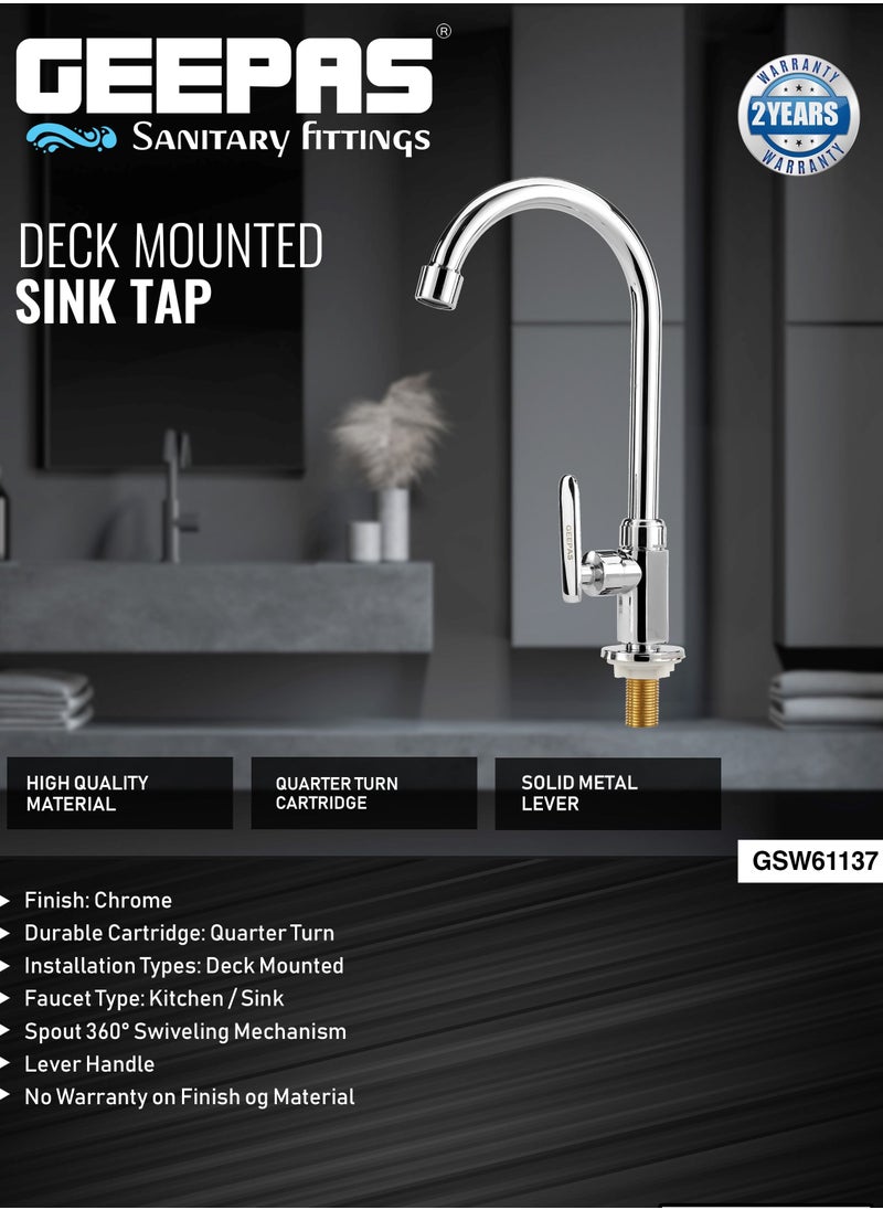GEEPAS - Geepas Deck Mounted Sink Tap- GSW61137| Single Hole Mounted Taps for Kitchen and Bathroom| High-Quality Material in Chrome Color| Durable Quarter Turn Cartridge| Leak-Proof, Solid Handle and 360-Degre - Image 1