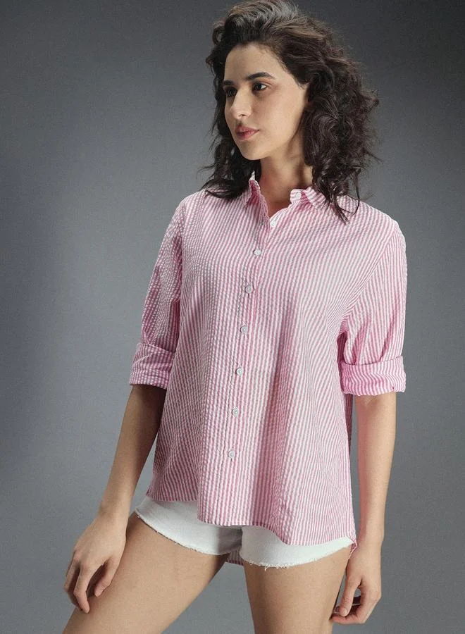 هاي ستار بلوزة كاجوال مخططة مع حافة غير متماثلة الطول