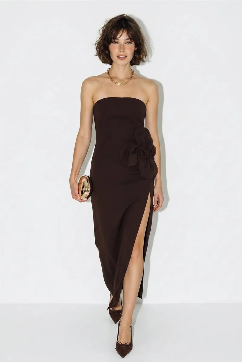 بيانكو لوتشي LUCCI Strapless Floral Maxi Dress with Bow Detail