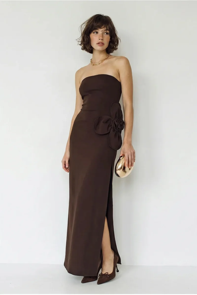 بيانكو لوتشي LUCCI Strapless Floral Maxi Dress with Bow Detail