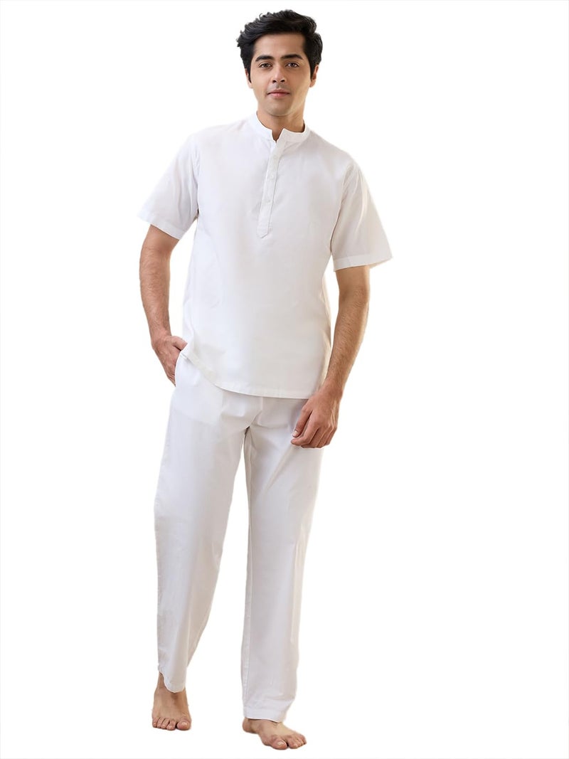 Raymond Sleepz Men Comfort Fit Solid Pattern Cotton Polyester Blend Mandrin Collar Sleepz Kurta Set (Size: L)-AEUB00016-W0 White - Image 1