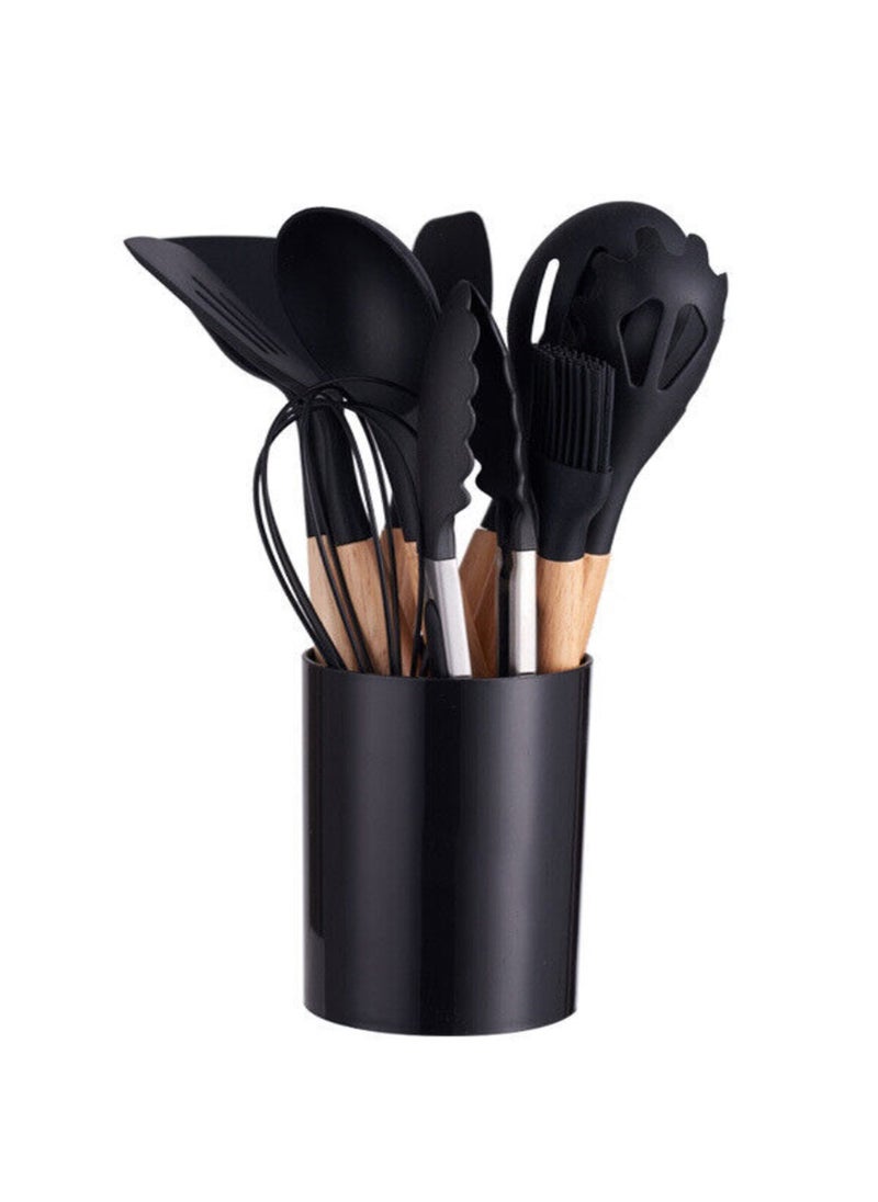 Kitchen Cooking Utensils Set, 12 Pcs Wooden Handles Silicone Kitchen Utensils Spatula Set with Holder  - Image 1