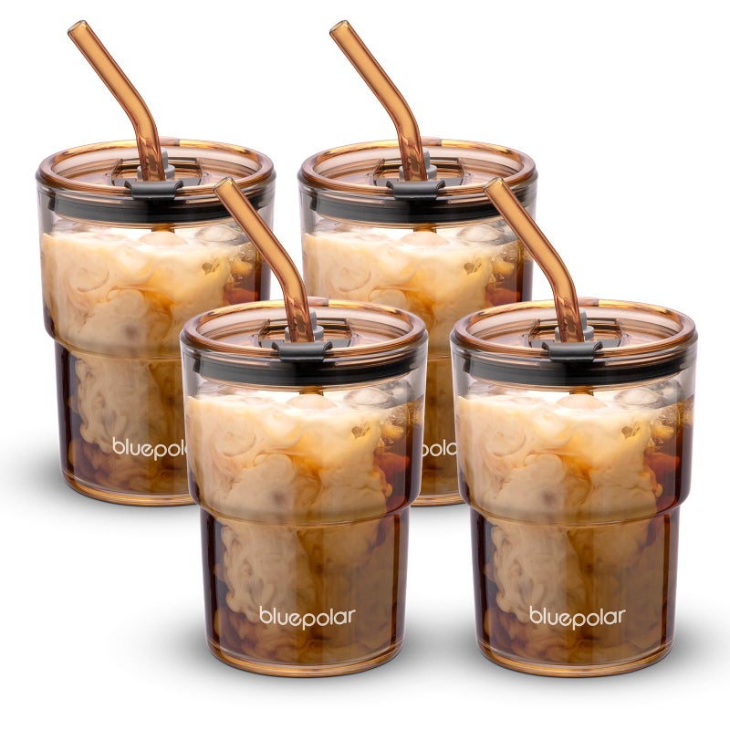 BLUEPOLAR 13oz/400ml Glass Water Tumbler with Straw and Lid Sealed Carry On Thick Wall Iced Coffee Cup Glass Cup for Water, Iced Tea Fruit Juice Etc (Amber-4Pack) - Image 1