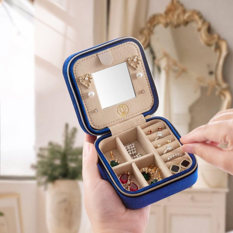 ZPROW Plush Velvet Travel Jewelry Case, Travel Jewelry Organizer, Jewelry Travel Case, Travel Jewelry Box, Small Jewelry Case for Women, Jewelry Travel Box, Earring Organizer with Mirror - Navy Blue - Image 2