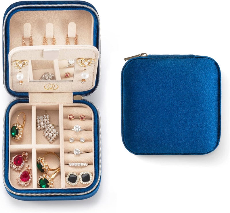 ZPROW Plush Velvet Travel Jewelry Case, Travel Jewelry Organizer, Jewelry Travel Case, Travel Jewelry Box, Small Jewelry Case for Women, Jewelry Travel Box, Earring Organizer with Mirror - Navy Blue - Image 1