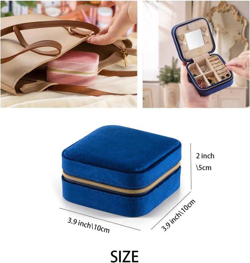 ZPROW Plush Velvet Travel Jewelry Case, Travel Jewelry Organizer, Jewelry Travel Case, Travel Jewelry Box, Small Jewelry Case for Women, Jewelry Travel Box, Earring Organizer with Mirror - Navy Blue - Image 5