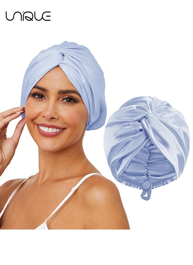 Unique Nightcaps - Silk Satin Hair Caps - Adjustable Double Curls Sleep Caps for Unisex Curls Natural Hair (Blue)  - Image 1