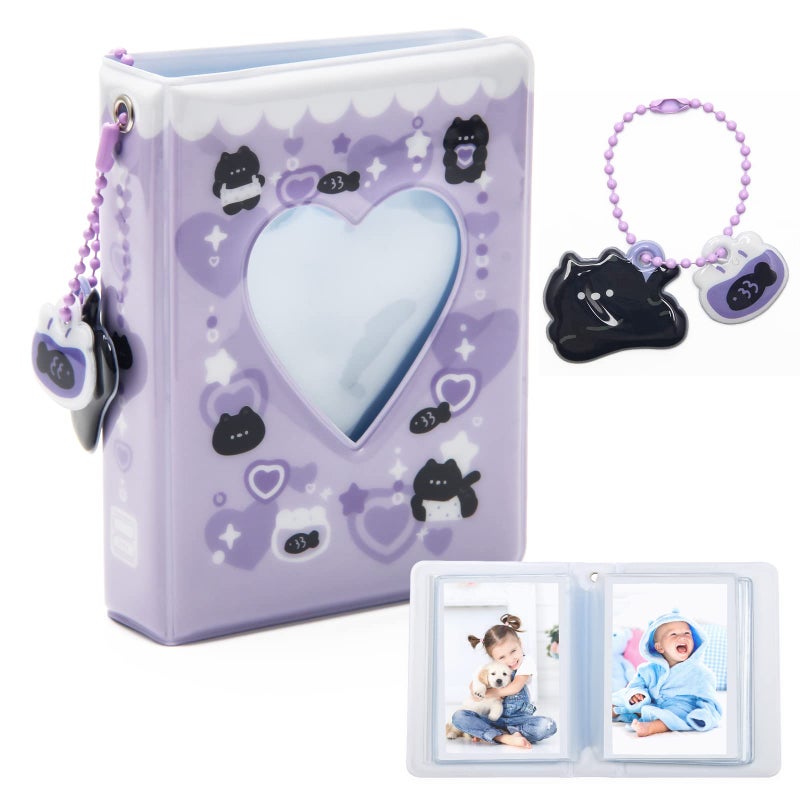 Catcan 3 Inch Mini Photocard Album Kpop Photocard Binder, Catcan Photo Card Holder Book 40 Pockets With Black Cat Pendant, Love Heart Hollow Out Photocard Binder For Collecting Picture (Purple Black Cat) - Image 1