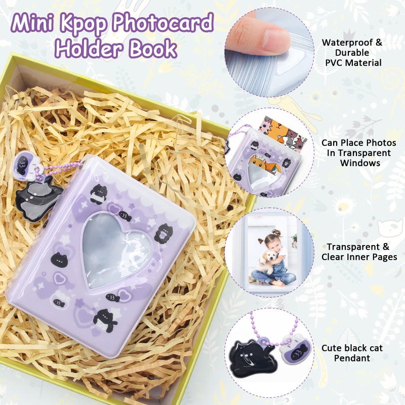 Catcan 3 Inch Mini Photocard Album Kpop Photocard Binder, Catcan Photo Card Holder Book 40 Pockets With Black Cat Pendant, Love Heart Hollow Out Photocard Binder For Collecting Picture (Purple Black Cat) - Image 3