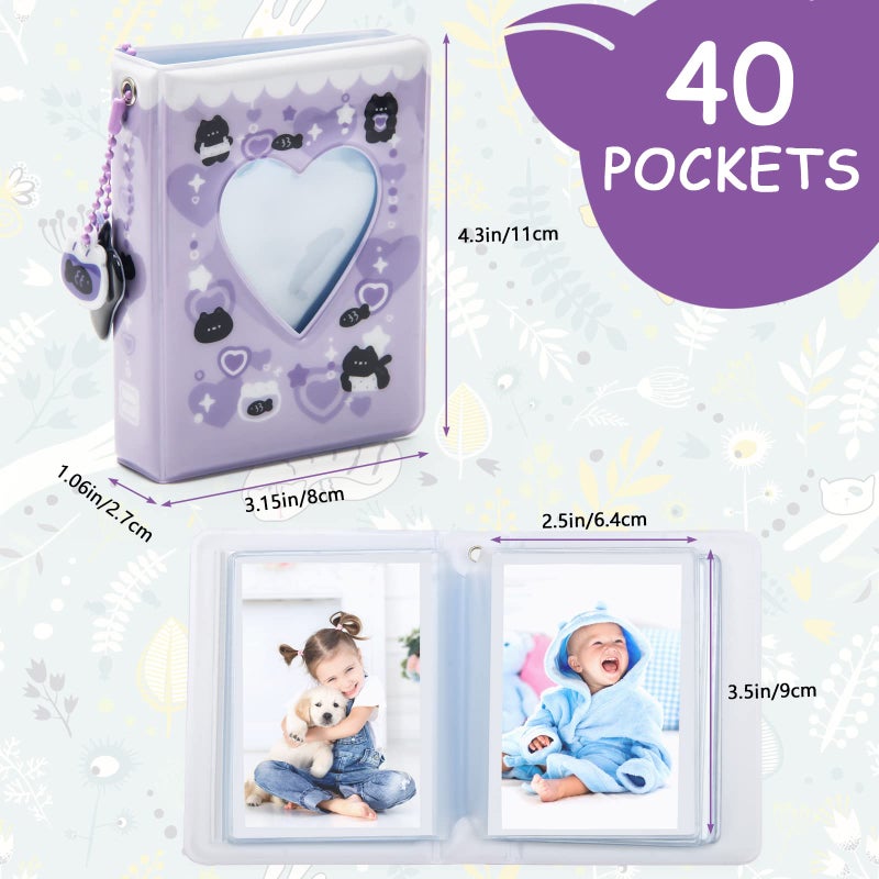 Catcan 3 Inch Mini Photocard Album Kpop Photocard Binder, Catcan Photo Card Holder Book 40 Pockets With Black Cat Pendant, Love Heart Hollow Out Photocard Binder For Collecting Picture (Purple Black Cat) - Image 2