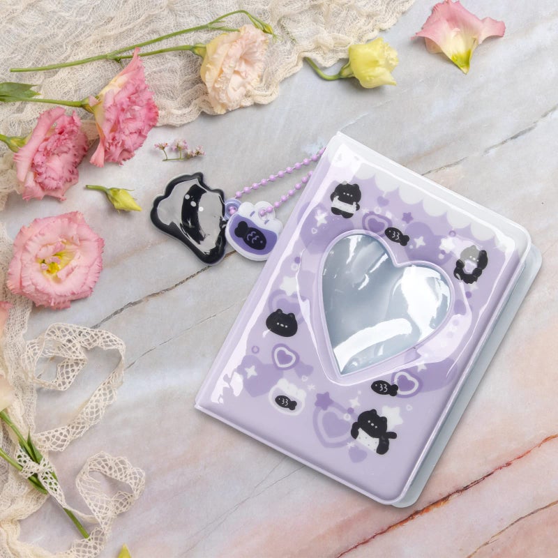 Catcan 3 Inch Mini Photocard Album Kpop Photocard Binder, Catcan Photo Card Holder Book 40 Pockets With Black Cat Pendant, Love Heart Hollow Out Photocard Binder For Collecting Picture (Purple Black Cat) - Image 5
