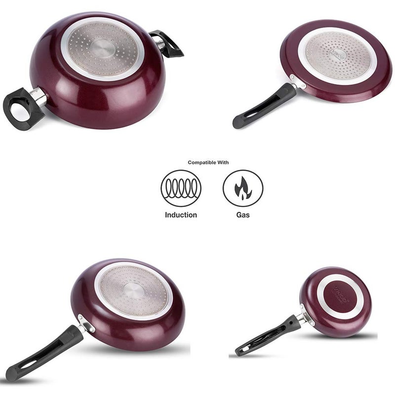 VINOD Vinod Supreme Aluminium Non Stick Cookware Set of 4|2Ltr Kadai, 28Cm Dosa Tawa, 14Cm and 22Cm Frypan|3Mm Thick, 5 Layer Coating|Induction Base - 2 Year Warranty (Red) - Image 4