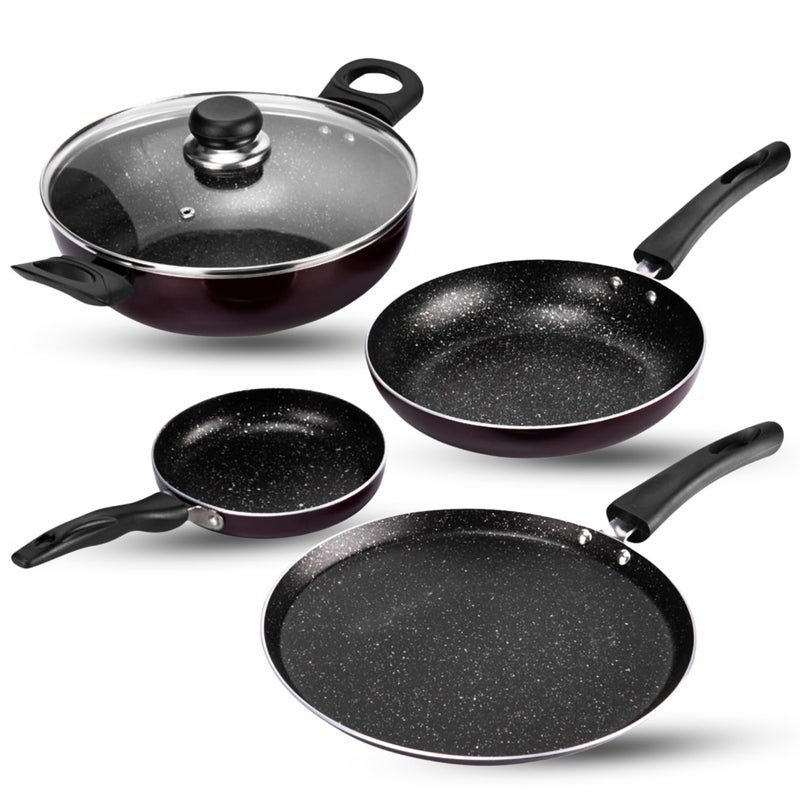 VINOD Vinod Supreme Aluminium Non Stick Cookware Set of 4|2Ltr Kadai, 28Cm Dosa Tawa, 14Cm and 22Cm Frypan|3Mm Thick, 5 Layer Coating|Induction Base - 2 Year Warranty (Red) - Image 1