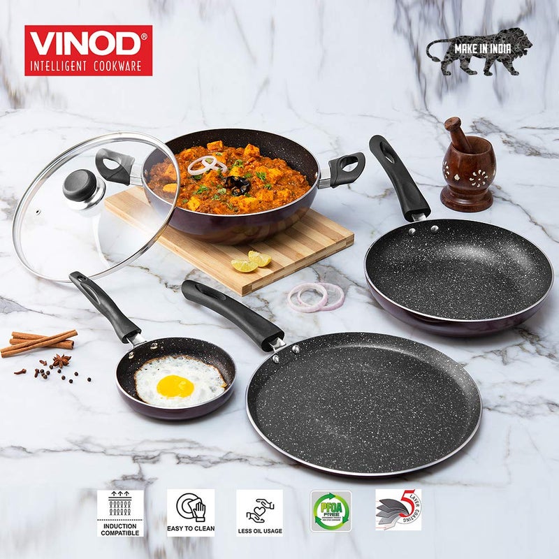 VINOD Vinod Supreme Aluminium Non Stick Cookware Set of 4|2Ltr Kadai, 28Cm Dosa Tawa, 14Cm and 22Cm Frypan|3Mm Thick, 5 Layer Coating|Induction Base - 2 Year Warranty (Red) - Image 2