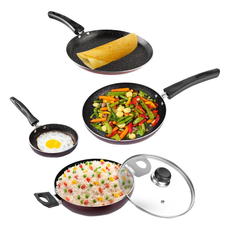 VINOD Vinod Supreme Aluminium Non Stick Cookware Set of 4|2Ltr Kadai, 28Cm Dosa Tawa, 14Cm and 22Cm Frypan|3Mm Thick, 5 Layer Coating|Induction Base - 2 Year Warranty (Red) - Image 3