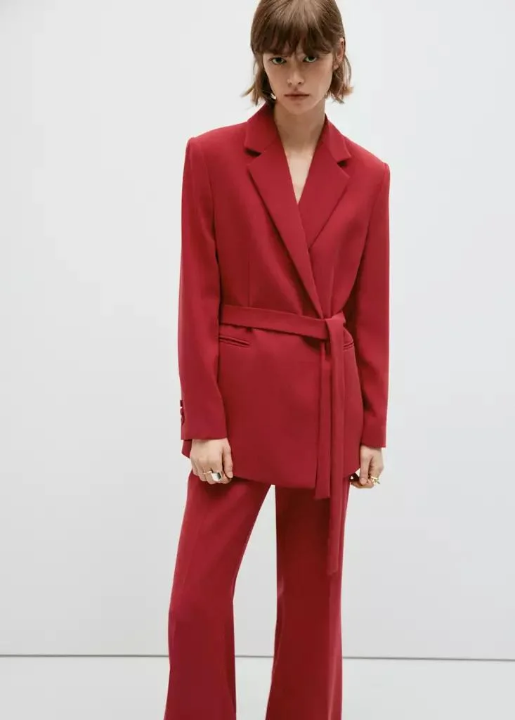 Double-Breasted Belted Suit Blazer