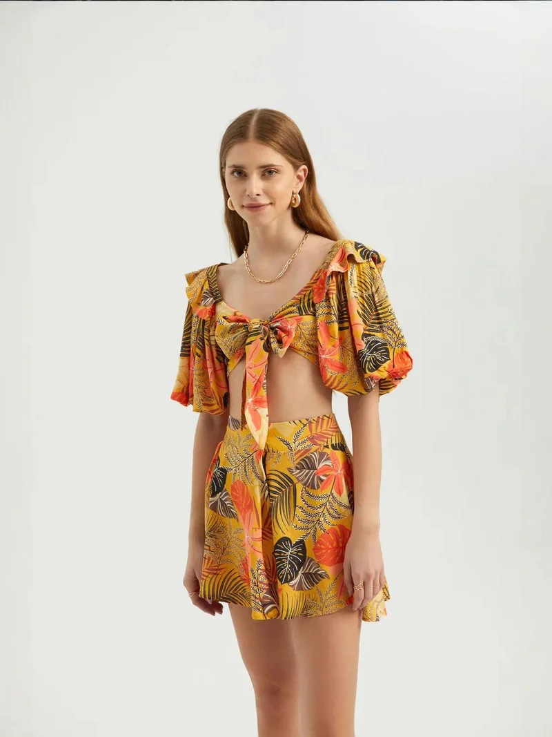 HICCUP Sweetheart Neck Tie Front Puff Sleeves Crop Top