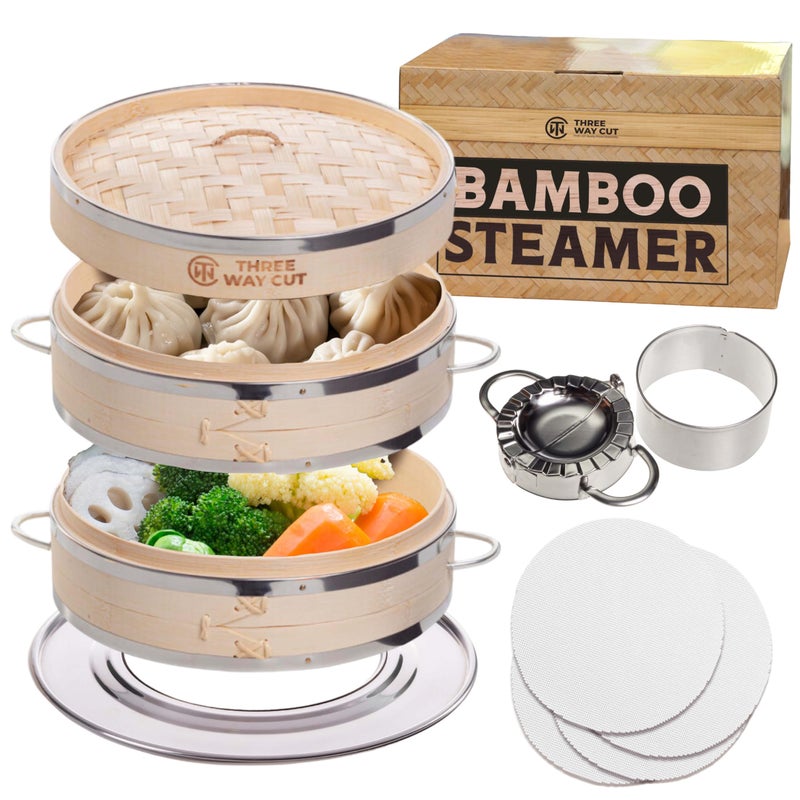 THREE WAY CUT Dumpling Bamboo Steamer 10 Inch 2 Tier Wooden Basket With Handle Ring Adapter Reusable Silicone Liner Kit For Cooking Baby Bao Bun Dim Sum Rice Potsticker Steaming Chinese Asian Food  Vegetables