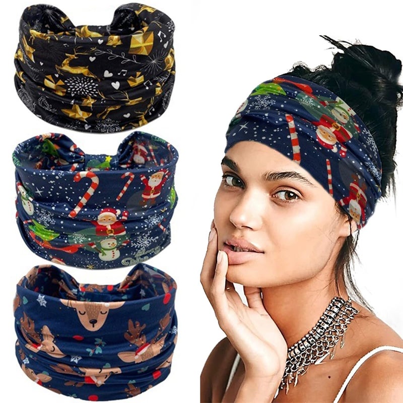 SARATA Dark Blue Christmas Headband for Women Golden Gift Elk Printed Non Slip Elastic snowflake Head Bands Christmas tree with Elastic Large Hair Bands for Women Girls Xmas Party Hair Access 3PCS