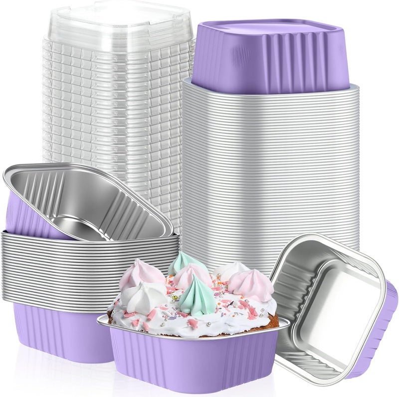 Skylety 100 Pcs 5 oz Mini Square Baking Pan with Lid Aluminum Foil Cupcake Pan Brownie Baking Cup Disposable Ramekins Individual Tin Dessert Containers for Kitchen, Food Grade Material (Light Purple) - Image 1