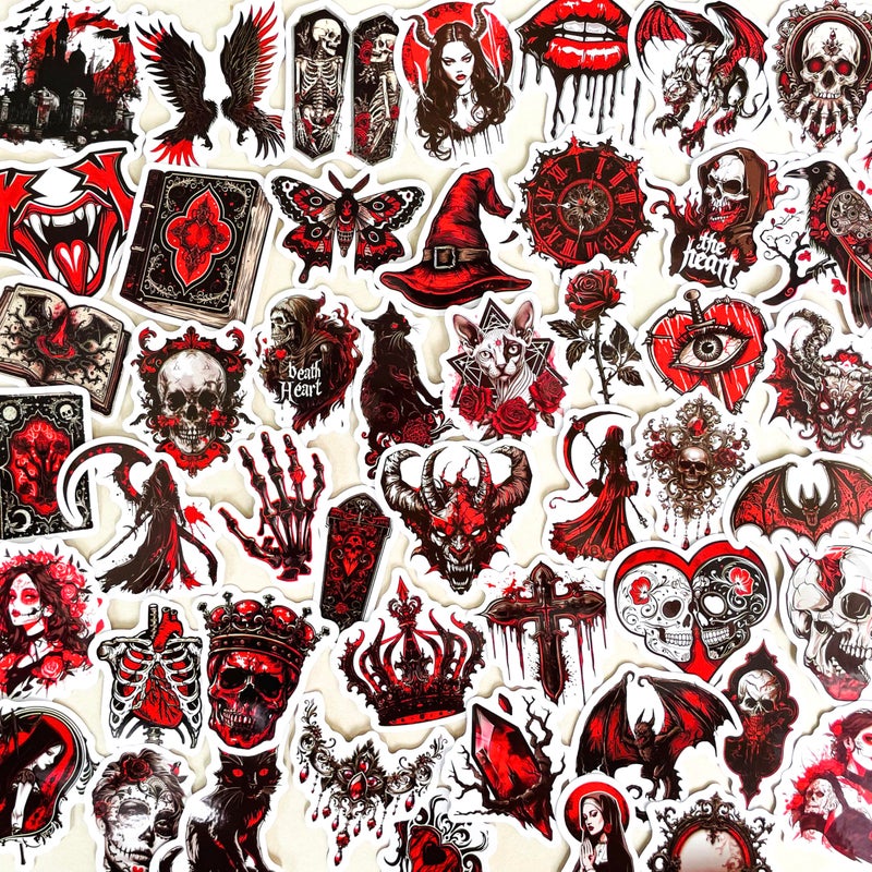 PIGBIT 50PCS Gothic Horror Stickers â€“ Dark Red Medieval Skull Witch Vampire Stickers for Scrapbooking, Journaling, Laptop, Halloween Aesthetic Decor, Waterproof Vinyl Gothic Sticker Pack - Image 1
