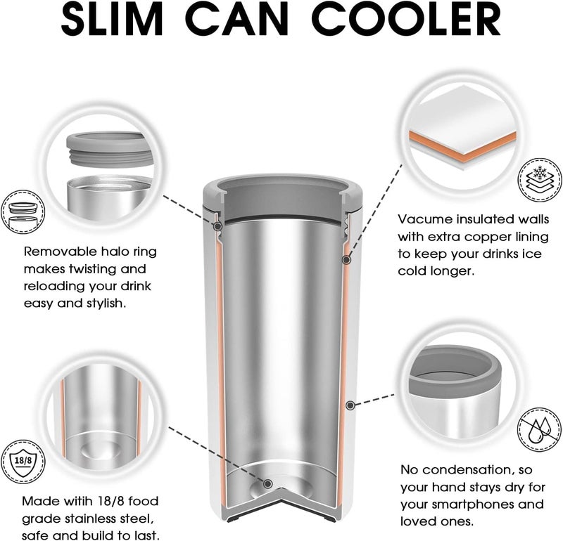 TILUCK Skinny Can Cooler for Slim Beer & Hard Seltzer, Stainless Steel, Doucle-Walled Stainless Steel Insulated Slim Cans, Standard 12 oz (Black U.S. Flag) - Image 2