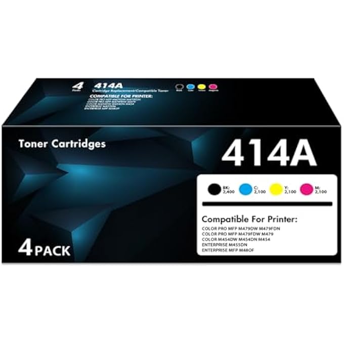 414A TONER CARTRIDGES 4 PACK MFP M479FDW (WITH CHIP)| REPLACEMENT FOR 414A 414X WORKS FOR COLOR PRO M479FDN M454DW M454DN M479 M454 PRINTER INK W2020A W2020X| BLACK CYAN YELLOW MAGENTA - Image 2