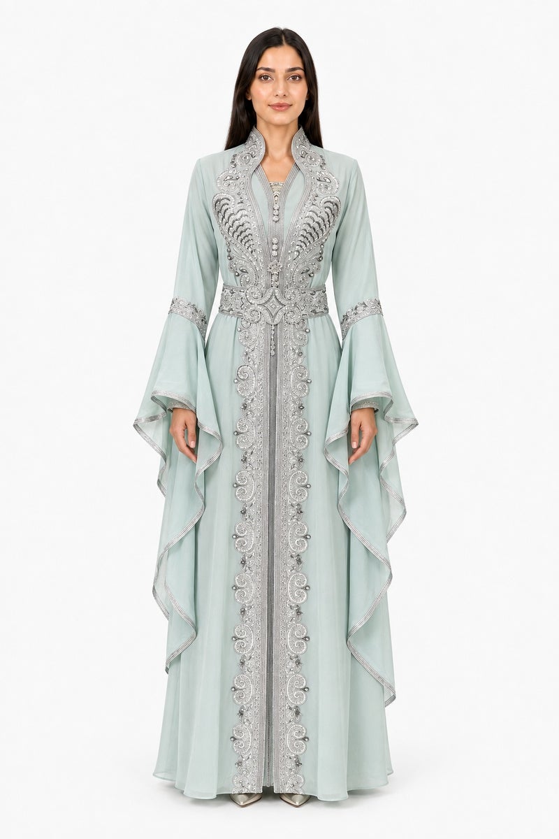 Mohamed Zahabi Women’s Maxi Kaftan with Embroidery, Rhinestones and Butterfly Sleeves – Mint Green - Image 1