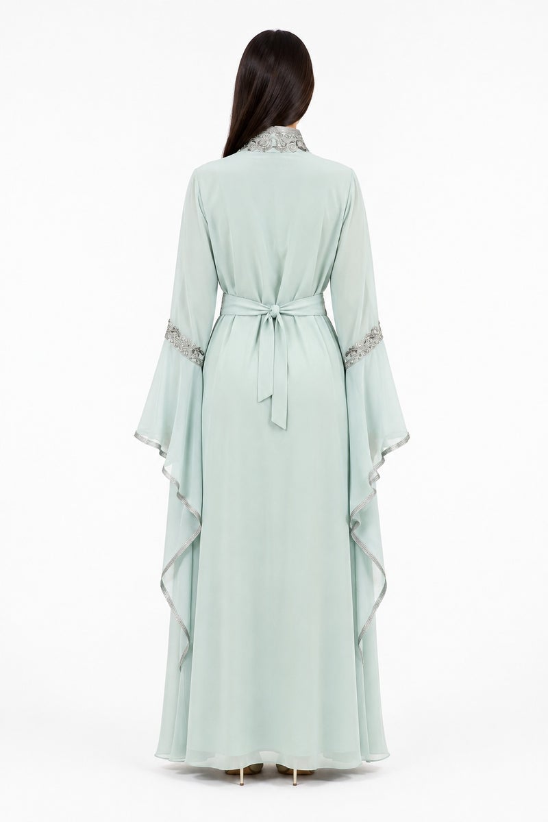 Mohamed Zahabi Women’s Maxi Kaftan with Embroidery, Rhinestones and Butterfly Sleeves – Mint Green - Image 4